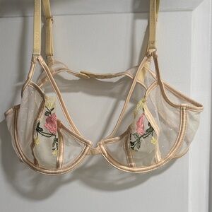 Sheer Embroidered Bra - Cream